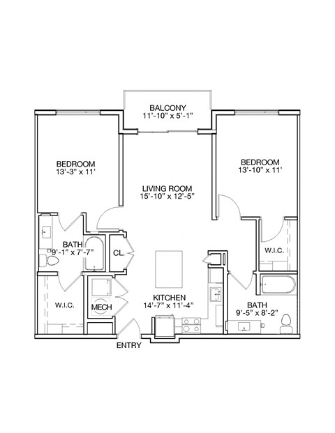 Floor plan for 2 beds, 2 baths, 1076 sqft